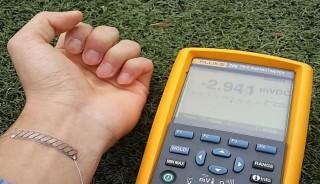 A thermoelectric generator developed as a wristband. The generator can be easily curved along with the shape of human body.