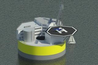 This illustration shows a possible configuration of a floating offshore nuclear plant, based on design work by Jacopo Buongiorno and others at MIT's Department of Nuclear Science and Engineering. Like offshore oil drilling platforms, the structure would include living quarters and a helipad for transportation to the site.