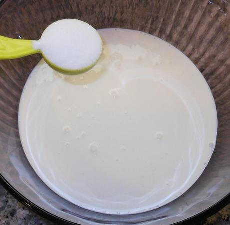 Add sugar to your whipping cream (1 tablespoon of sugar for each cup of whipping cream).  I was making this whipped cream for my son's birthday cookie pie (recipe here), and it is SUPER sweet, so I added less sugar (1 rounded tablespoon for 1 1/2 cups of cream).