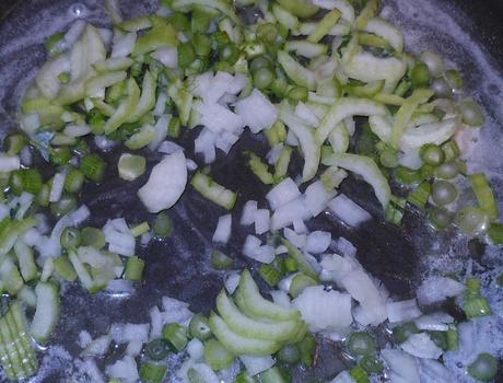 I preheated the pan with butter and oil, then I added chopped white onion, fennel stalks, bok choy cabbage (the white part, not the green part), and the 