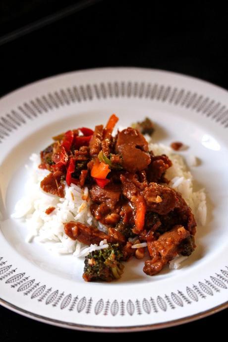 Broccoli, Pepper, and Seitan Stir-Fry over Basmati Rice