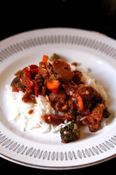 Broccoli, Pepper, and Seitan Stir-Fry over Basmati Rice