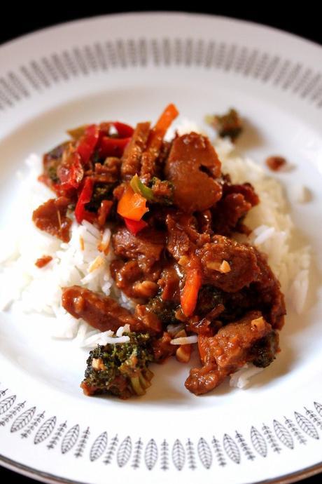 Broccoli, Pepper, and Seitan Stir-Fry over Basmati Rice