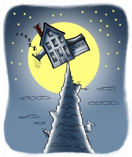 House balanced precariously on precipice point of mountain, guy sleeping in bed which is hanging out window, night sky with stars and big moon framing teetering house, mountain goat on side of steep mountain