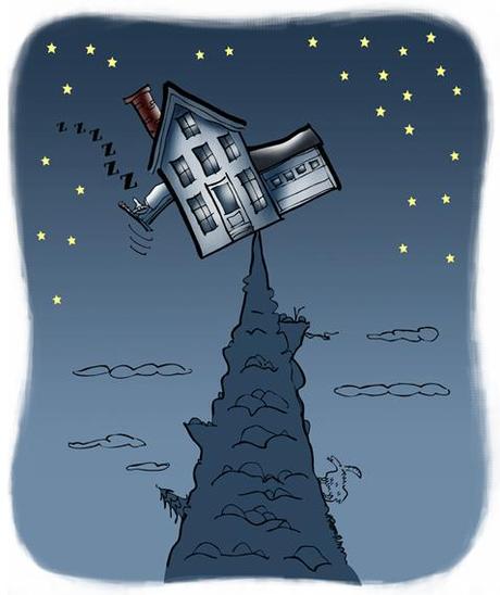 House balanced precariously on precipice point of mountain, guy sleeping in bed which is hanging out window, night sky with stars but no moon
