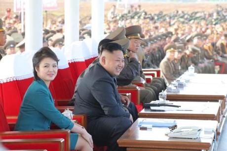 Kim Jong Un observed a flight drill competition of the KPA Air and Anti-Air forces.  Also in attendance is his wife Ri Sol Ju (L).