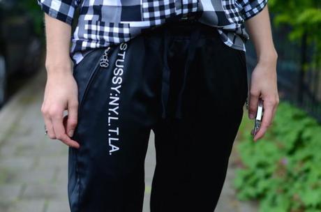 stussy black shiny sweatpants