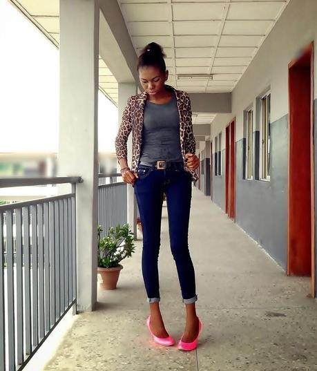 Leopard Jacket and Hot Pink Shoes.