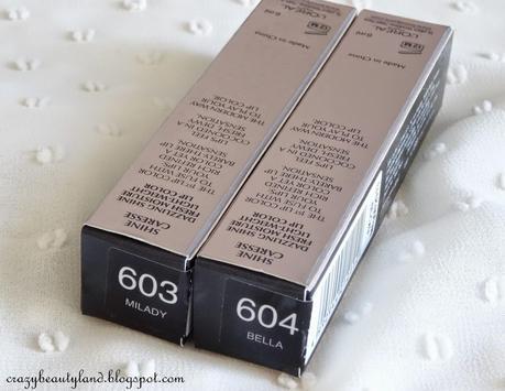 Review of L'Oreal Paris Shine Caresse Lip Color in the shade 603 Milady and 604 Bella. Dupe of YSL Glossy Stains