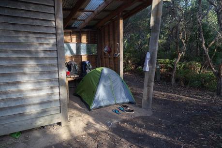 tent under shelter devils kitchen campsite