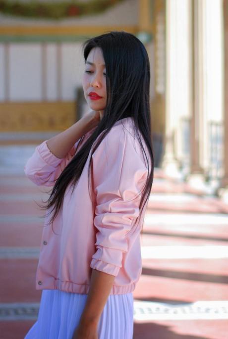 jenny wu of goodbadandfab.com is wearing xoxo white dress boohoo pink bomber jacket 3.1 phillip lim cody silver heels