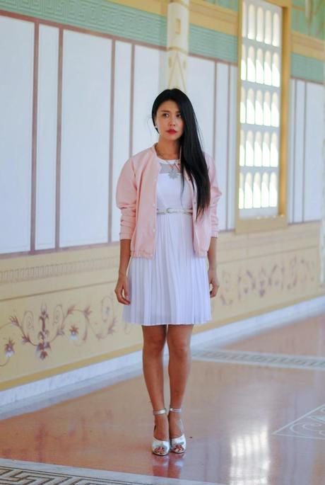 jenny wu of goodbadandfab.com is wearing xoxo white dress boohoo pink bomber jacket 3.1 phillip lim cody silver heels