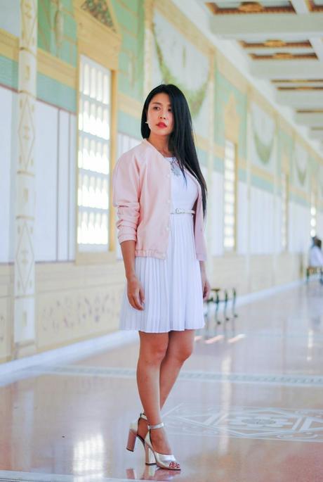 jenny wu of goodbadandfab.com is wearing xoxo white dress boohoo pink bomber jacket 3.1 phillip lim cody silver heels