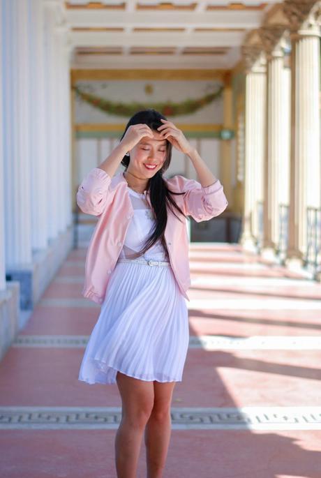 jenny wu of goodbadandfab.com is wearing xoxo white dress boohoo pink bomber jacket 3.1 phillip lim cody silver heels