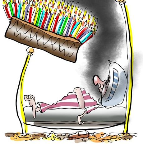 detail of happy birthday greeting card guy sleeping in bed big cake with many lighted candles teetering on bedpost hey wake up and smell candles
