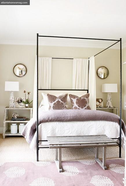 love the idea of a rug in front of bed, the mirrors on each side, and then a faux window setting above the bed (panels)