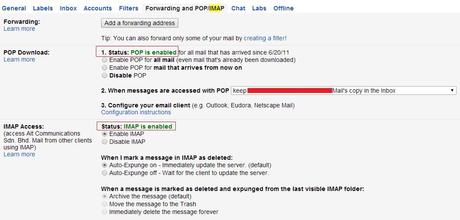 enabled pop and imap setting