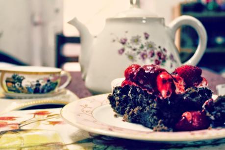 Chocolate Fudge Cake with Whipped Cream & Strawberry Sauce...