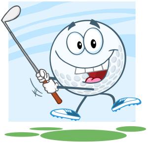 Happy Golf Ball Character Swinging A Golf Club
