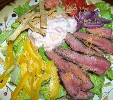 Beer Marinated Flanks Steak Salad with Spicy Salsa Dressing