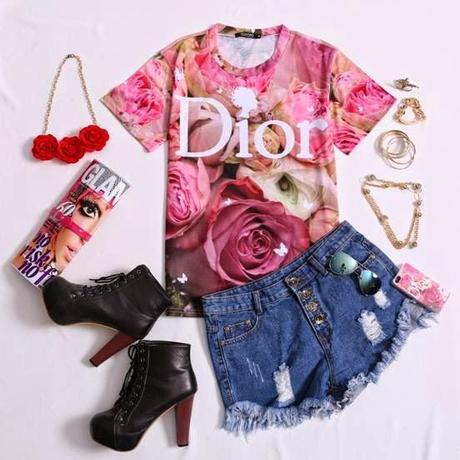 Romwe's Dior & Roses Print T-Shirt on Sale