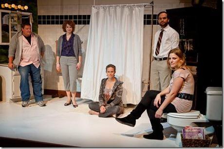 With hilarity and heartbreak, five young adults confront each other, the history they share and the actions that have created this crisis in SiNNERMAN Ensemble's Sweet Confinement, by Anna Carini, directed by Brea Hayes. From left to right, Caleb (Howie Johnson), Ginger (Anna Carini), Amy (Cyd Blakewell), Josh (Keith Neagle), and Amelia (Calliope Porter). Photo by Ben Chandler. 