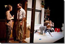 Amy (Cyd Blakewell, far left) struggles to solve this crisis with her brother Josh (Keith Neagle) while her best friends Ginger (Anna Carini) and Amelia (Calliope Porter, far right) clean Amy's bathroom in SiNNERMAN Ensemble's Sweet Confinement, by Anna Carini, directed by Brea Hayes. Photo by Ben Chandler. 