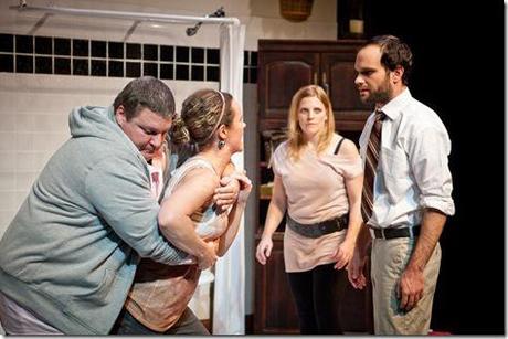 Caleb (Howie Johnson, left) and Amelia (Calliope Porter, second from right) try to calm Amy (Cyd Blakewell) when she accuses her brother Josh (Keith Neagle, right) of abandoning their family of lifelong friends in SiNNERMAN Ensemble's Sweet Confinement, by Anna Carini, directed by Brea Hayes. Photo by Ben Chandler. 