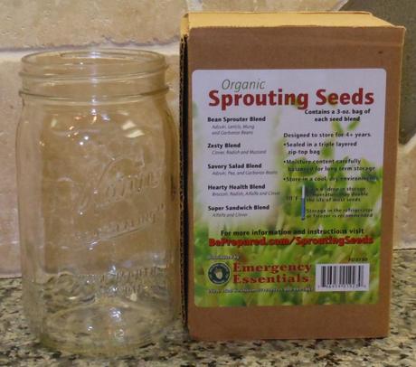 I started with a clean wide-mouth Mason jar and my Emergency Essentials Sprouting kit.  Emergency Essentials is the sponsor for my current giveaway (enter here).  I have shopped with Emergency Essentials for over 4 years and love them!  They are a wonderful company.