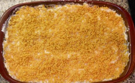 Finally, I topped the potato mixture with the corn cereal/butter mixture and popped the casserole dish in the oven for 30 minutes at 350 degrees.