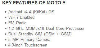 Moto E Specifications