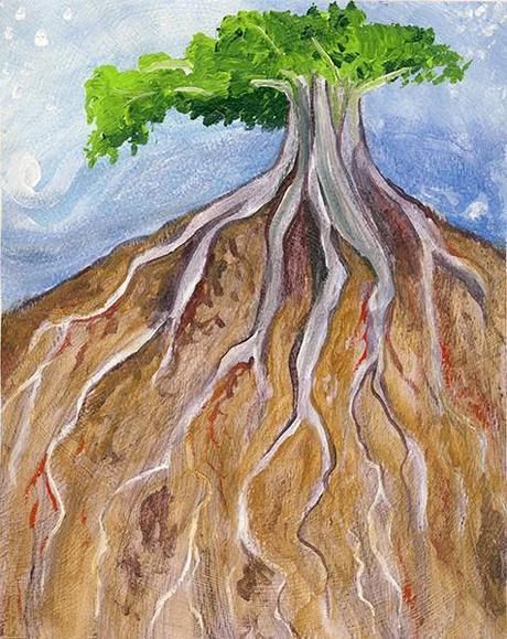 Study of Roots in Gold Earth. 10” x 8” (14” x 11” matted), Acrylic on Paper, © 2014 Cedar Lee