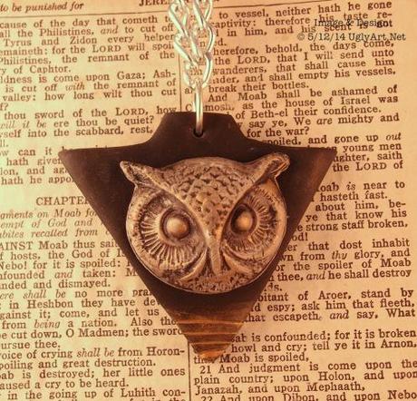 Clairvoyance Owl Triangle Long Polymer Clay Necklace In Black and Gold by Ugly Shyla