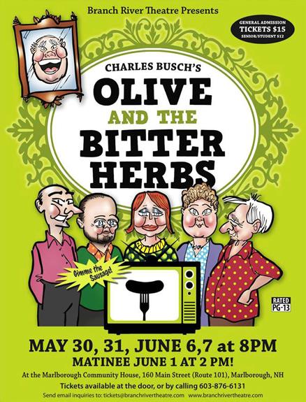 Promotional advertising marketing poster for Branch River community theater production of Charles Busch play Olive and the Bitter Herbs