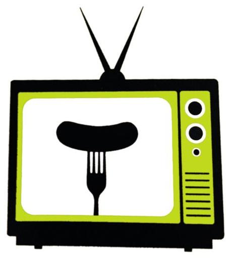 logo for Charles Busch play Olive and the Bitter Herbs television set with rabbit ears antenna and fork and sausage silhouette