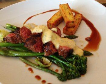 The Literary James Bond Steak with Bearnaise sauce and asparagus. The polenta fries are a nice touch, but unfortunately not used in any Bond novels.