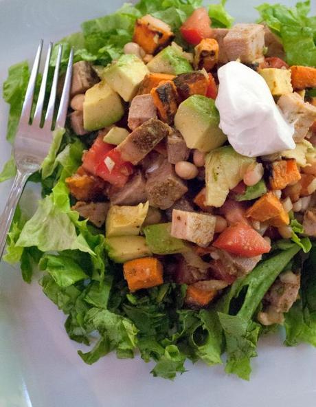 Chopped Salad with Pork, White Beans and Avocado with Cajun Honey Lime Dressing