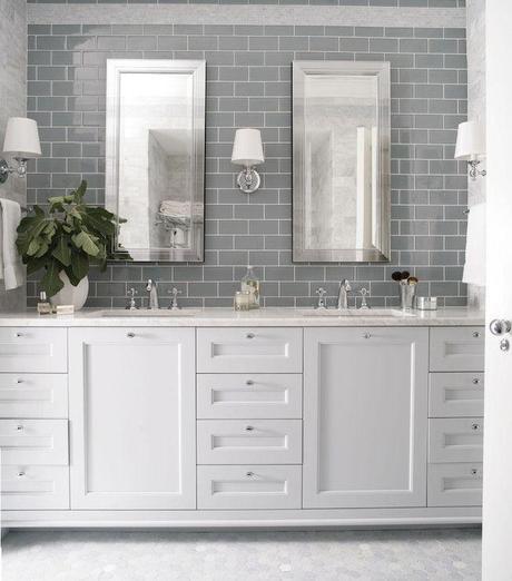 Heather Garrett Design - bathrooms - gray subway tile, gray subway tiled backsplash, mirror framed mirror, beveled mirror, beveled vanity mi...