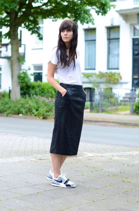 how to wear leather pencil skirt casual trainers