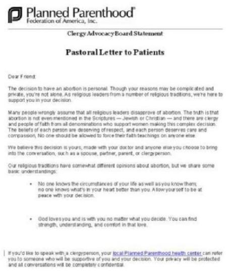 Planned Parenthood letter