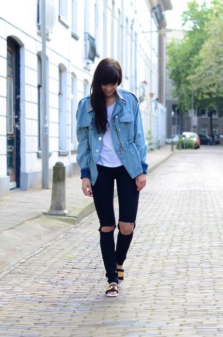 outfit three floor denim jacket gold details