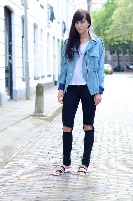 outfit look slides skinny jeans denim jacket