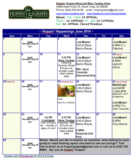 June 2014 Calendar of Events for Hoppin' Grapes Wine and Beer Retail Shop and Tasting Bar