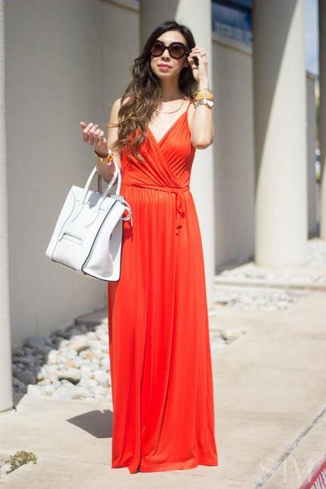 style of sam, french connection alanis red maxi dress, how to wear a maxi dress, white celine luggage tote