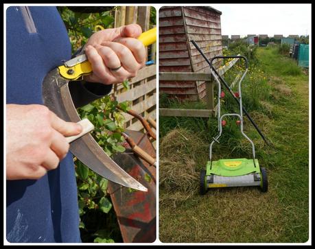 A little scythe and hand powered mower - 'growourown.blogspot.com' ~ an allotment blog