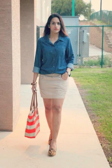 Chambray Skirt - GAP, Cotton Skirt - French Connection, Leopard Pumps - Cole Haan, Tanvii.com
