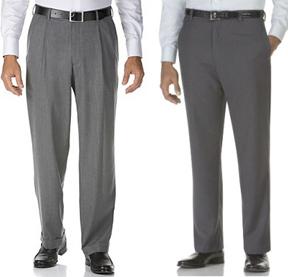 Pants with pleats (left) and pants with no pleats (right)