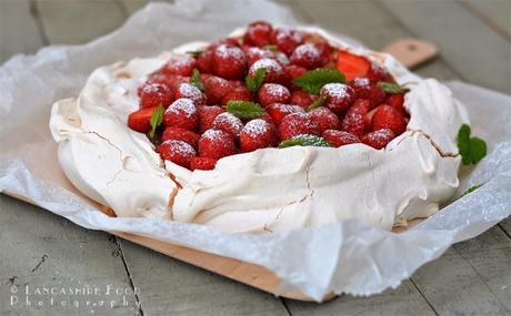 Strawberry, rhubarb and creme fraiche pavlova