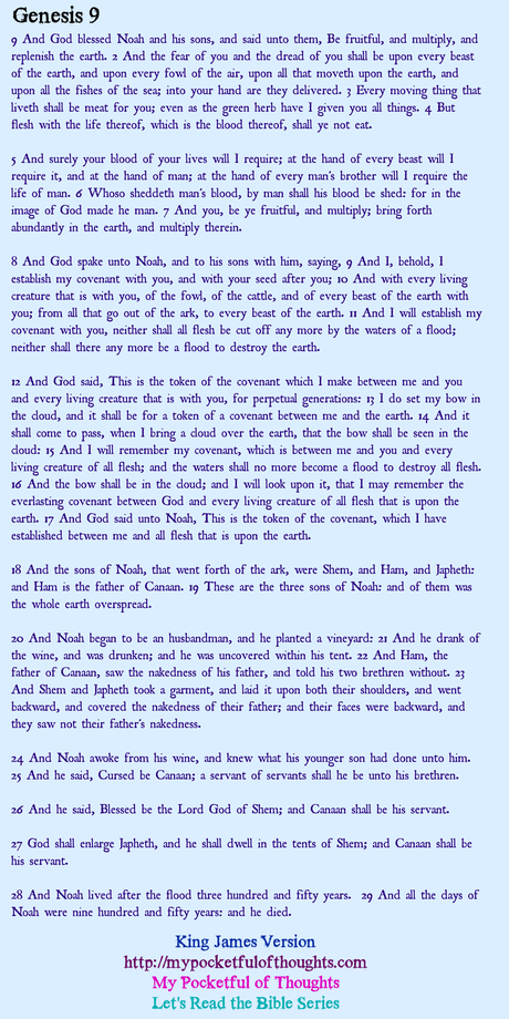 Genesis 9 - Part of the Let's Read the Bible Series on My Pocketful of Thoughts (http://mypocketfulofthoughts.com) Read on to see thoughts on Genesis 9 of the Bible and what questions arose.