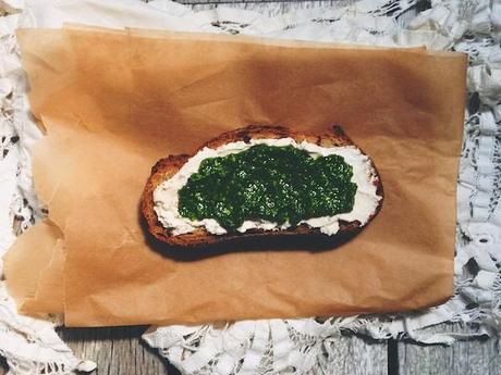 Radish top pumpkin seed pesto toast_ricotta_FeedMeDearly